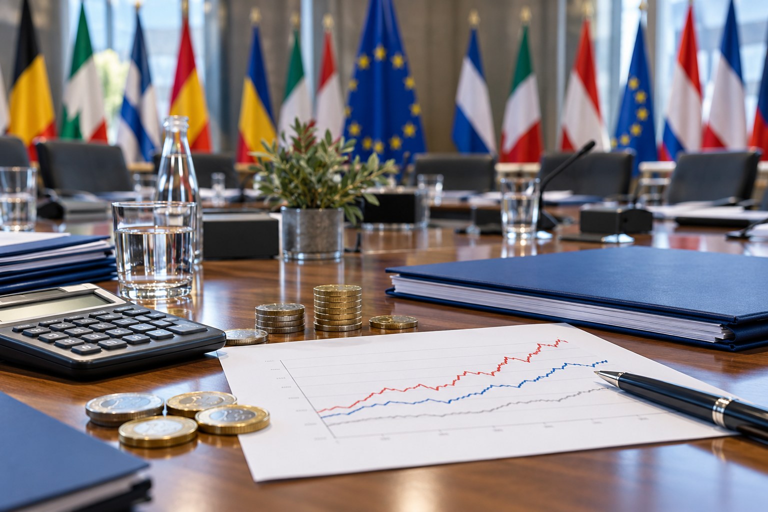 Ενδεικτική εικόνα AI με τραπέζι ευρωπαϊκής συνεδρίασης, οικονομικά γραφήματα και ευρώ