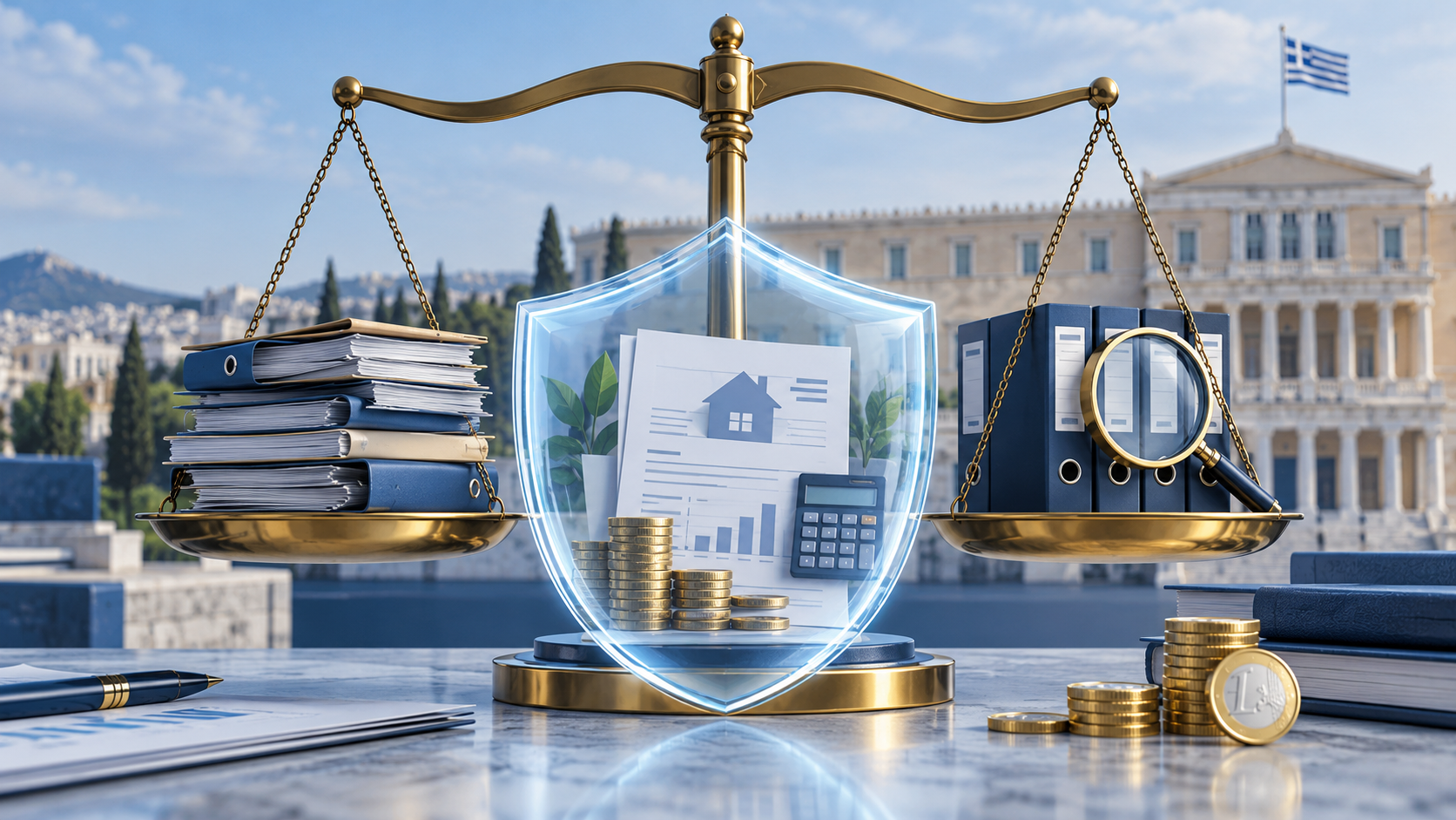 Ενδεικτική εικόνα AI με ασπίδα προστασίας, ζυγαριά, οικονομικούς φακέλους και φόντο τη Βουλή