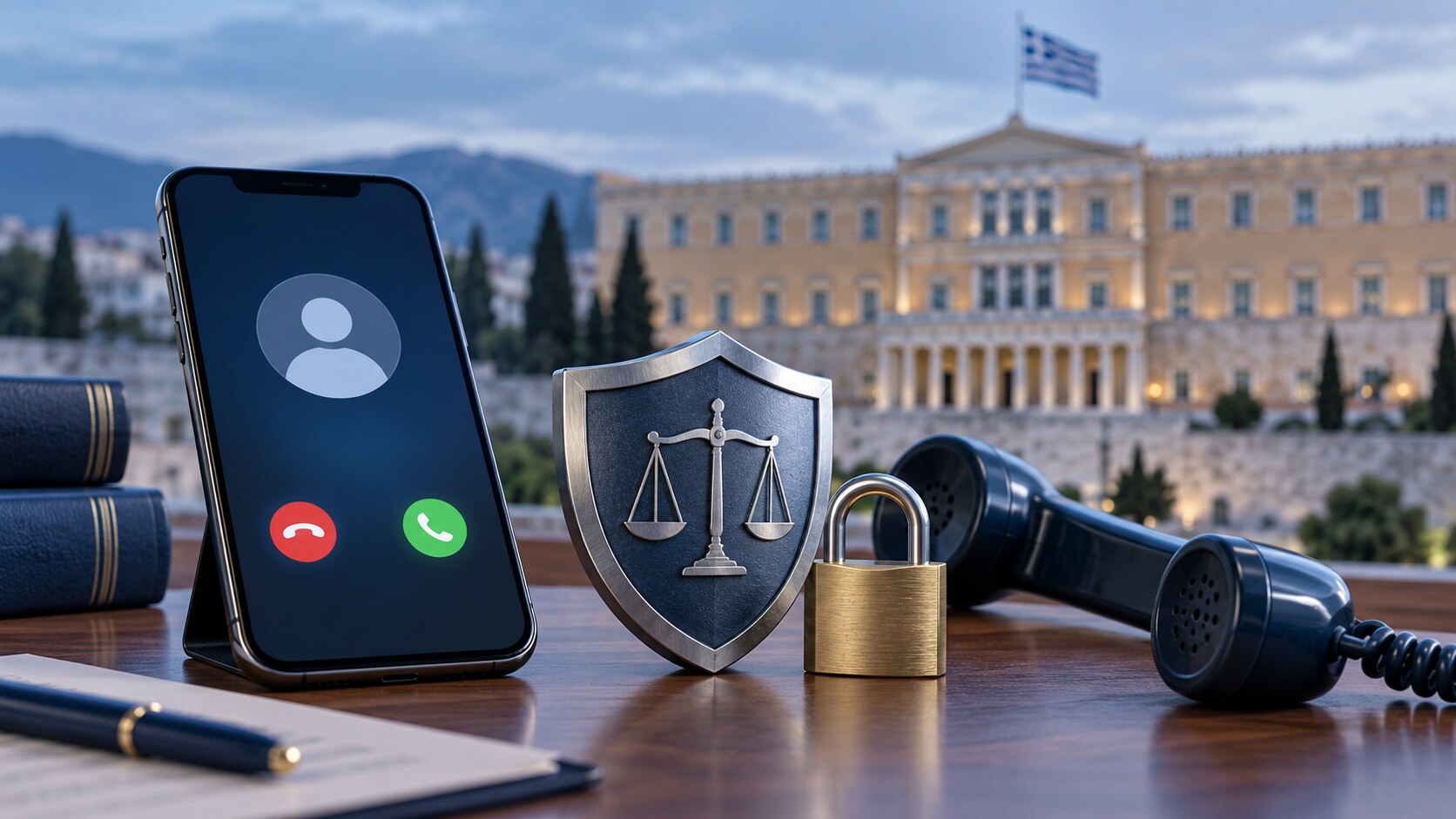 Ενδεικτική εικόνα AI με τηλέφωνα, ασπίδα προστασίας και τη Βουλή στο φόντο